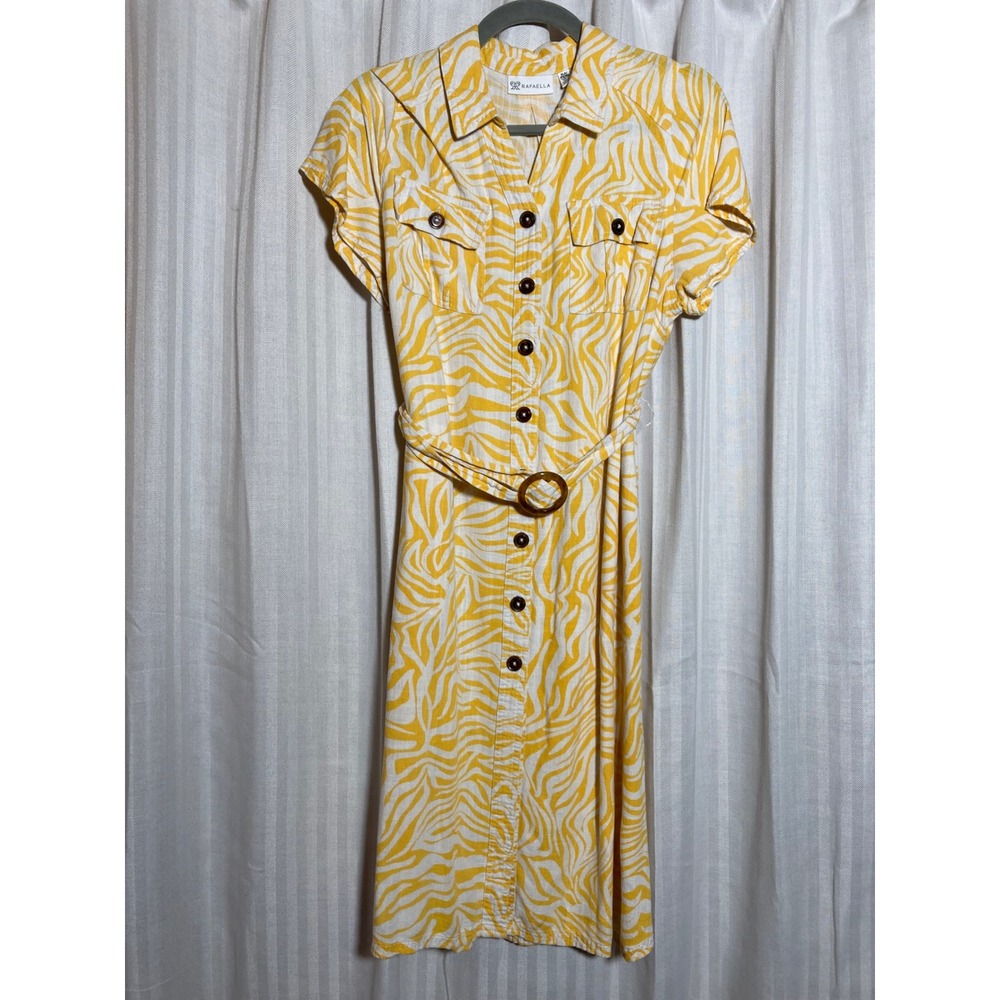 Yellow Zebra Print Linen Blend Belted Shirt Dress Midi Pocket Rafaella Women XLP